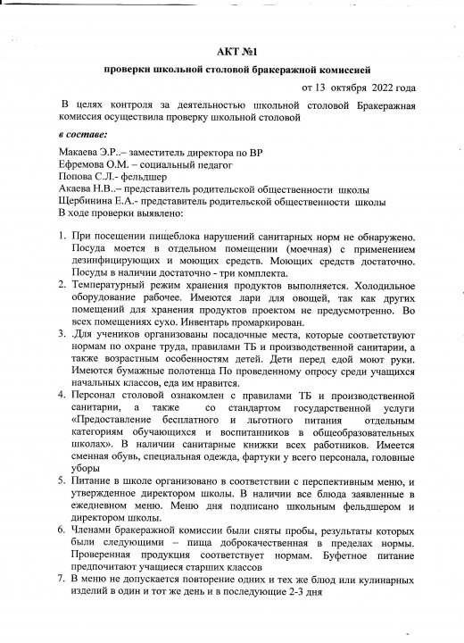 Акт проверки школьной столовой