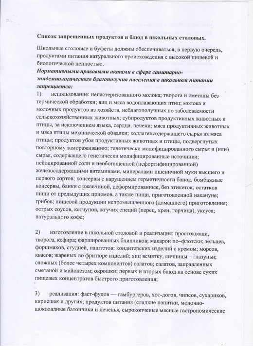 Список запрещенных продуктов для школьных столовых