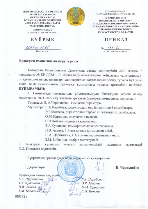Приказ о создании бракеражной комиссии 2022-2023